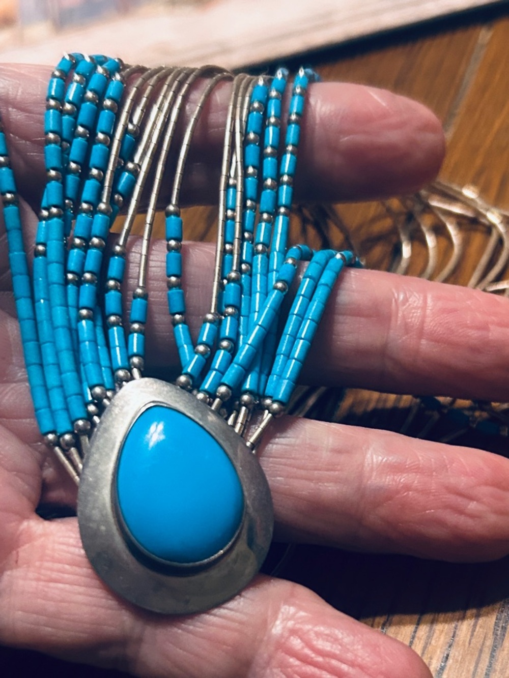 Liquid Silver Turquoise 10 Strand ZUNI or NAVAJO Necklace Artist Signed S E Ster - Picture 5 of 9